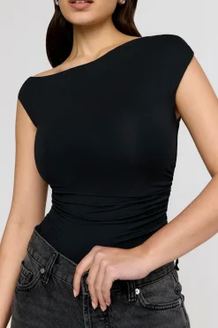 365 Asymmetric Ruched Side Top - Shadow Black