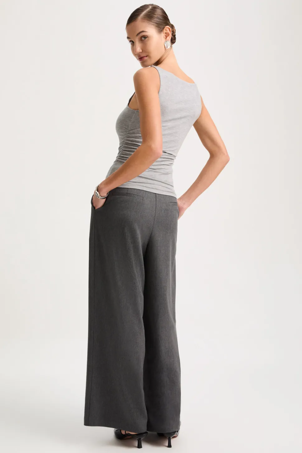 365 Ruched Side Boat Neck Top - Grey Marl