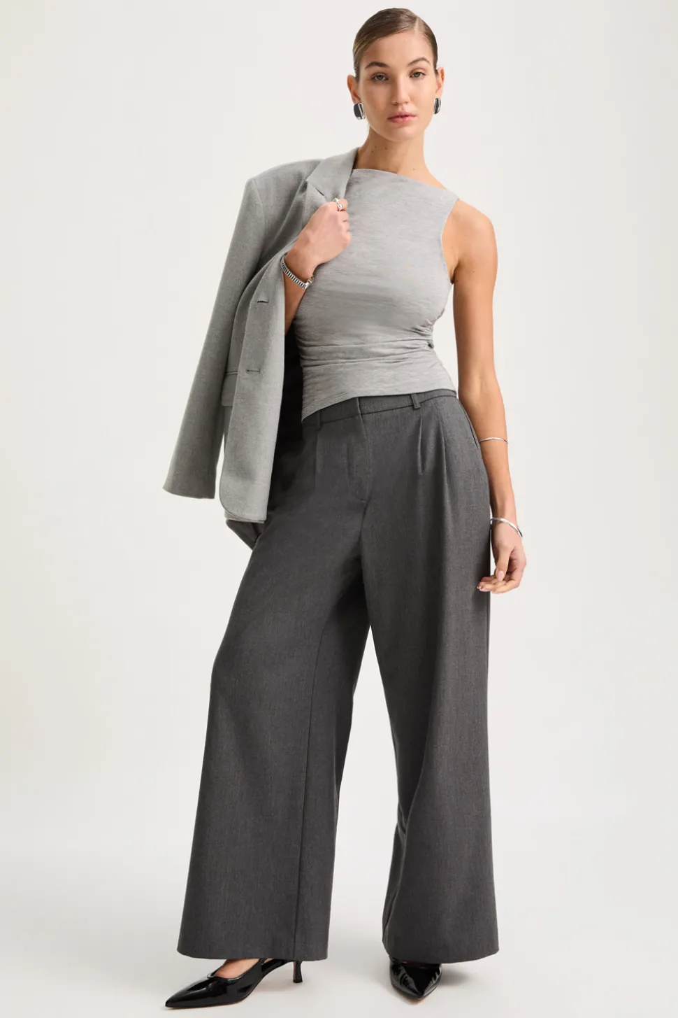 365 Ruched Side Boat Neck Top - Grey Marl