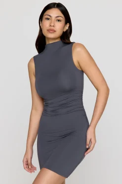 365 Ruched Side Mock Neck Mini Dress - Graphite
