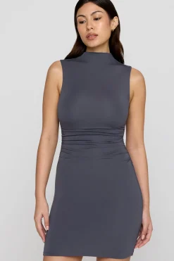 365 Ruched Side Mock Neck Mini Dress - Graphite