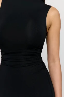 365 Ruched Side Mock Neck Mini Dress - Shadow Black