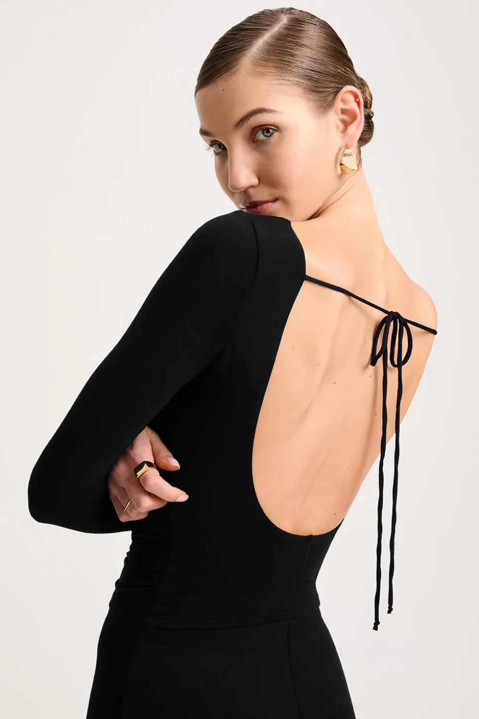 365 Ruched Side Open Back Long Sleeve Top - Shadow Black