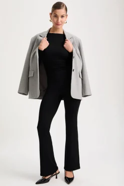 365 Ruched Side Open Back Long Sleeve Top - Shadow Black