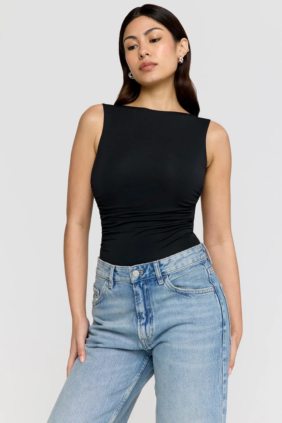 365 Ruched Side Open Back Top - Shadow Black