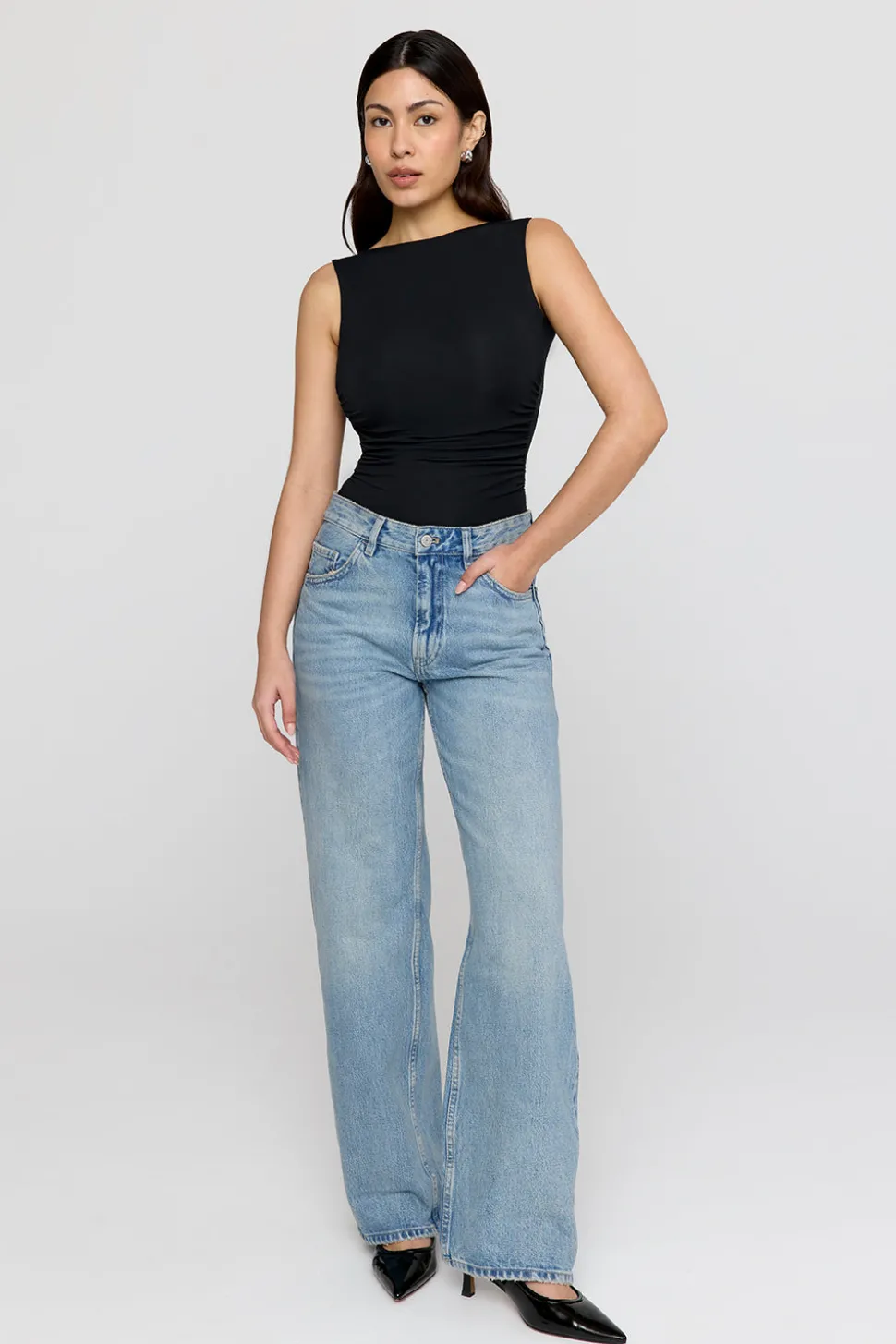 365 Ruched Side Open Back Top - Shadow Black