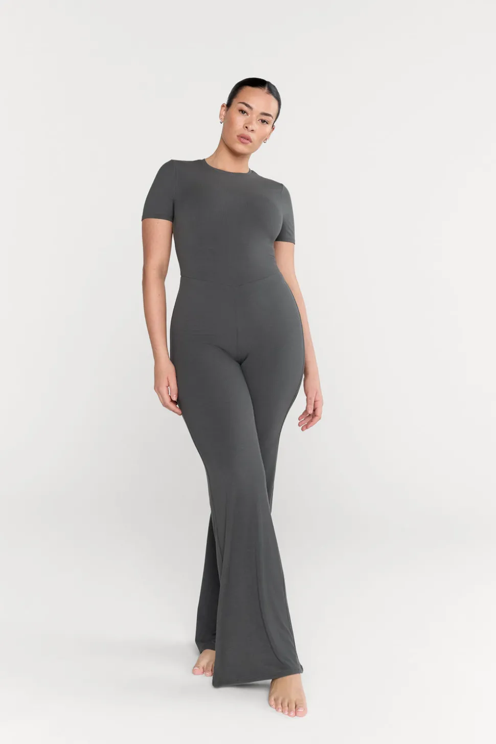 365 Sculpting Lounge Short Sleeve Wide Leg Jumpsuit - Dark Olive