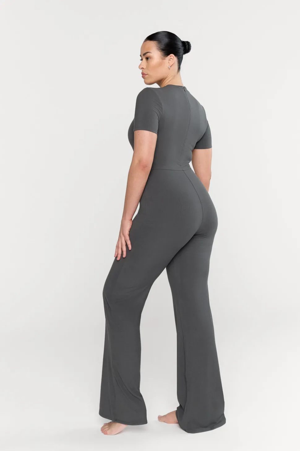 365 Sculpting Lounge Short Sleeve Wide Leg Jumpsuit - Dark Olive