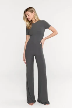 365 Sculpting Lounge Short Sleeve Wide Leg Jumpsuit - Dark Olive