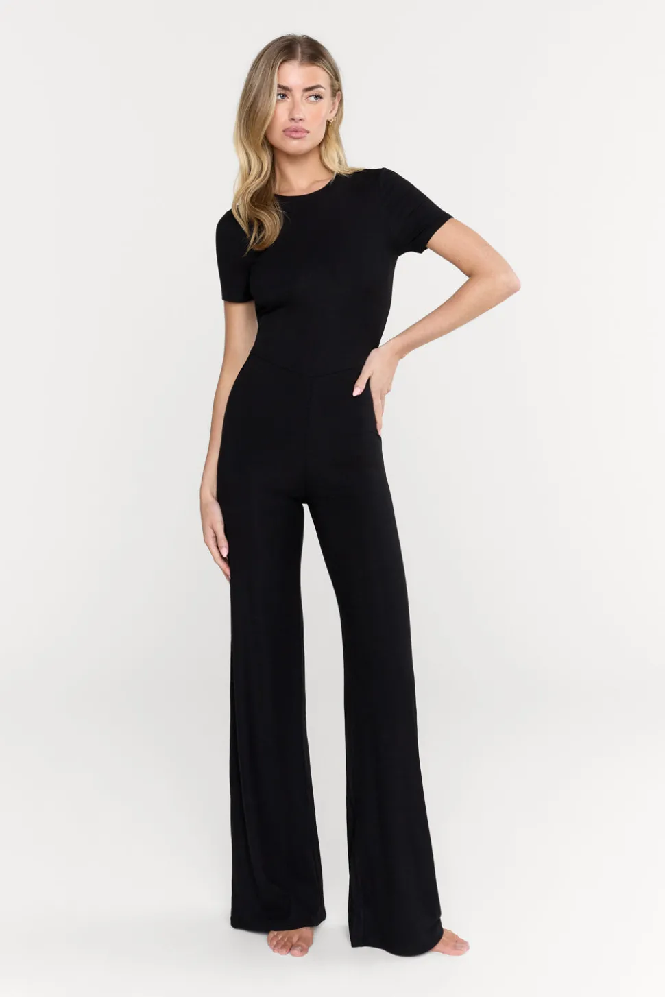 365 Sculpting Lounge Short Sleeve Wide Leg Jumpsuit - Shadow Black