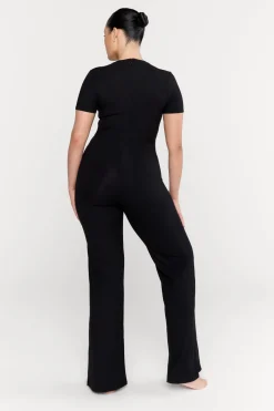 365 Sculpting Lounge Short Sleeve Wide Leg Jumpsuit - Shadow Black