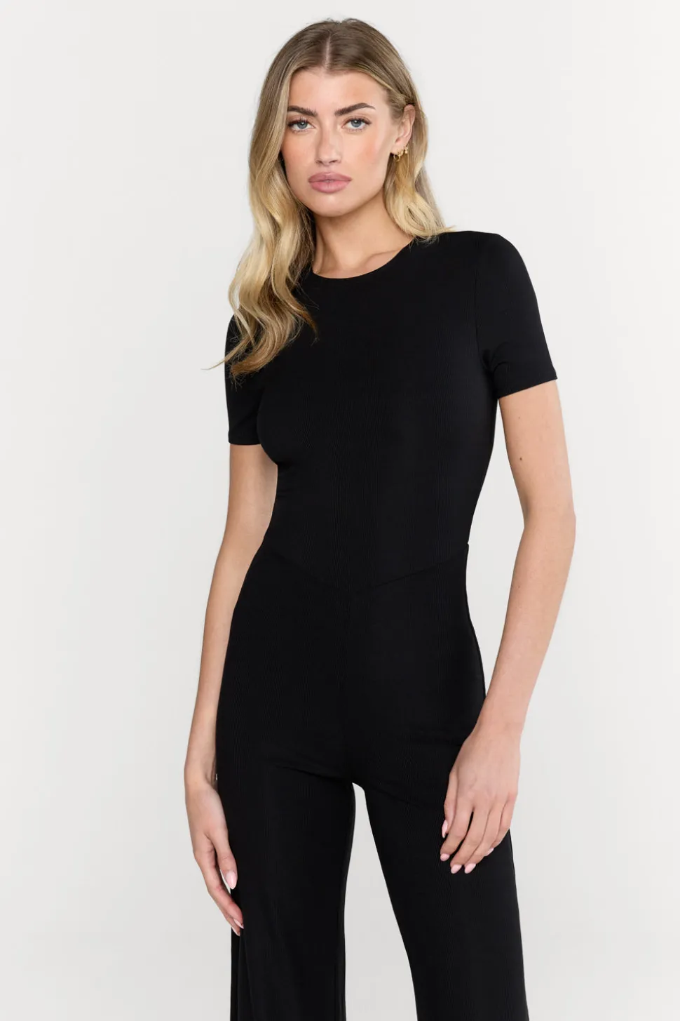 365 Sculpting Lounge Short Sleeve Wide Leg Jumpsuit - Shadow Black