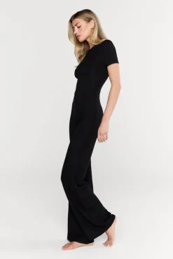 365 Sculpting Lounge Short Sleeve Wide Leg Jumpsuit - Shadow Black