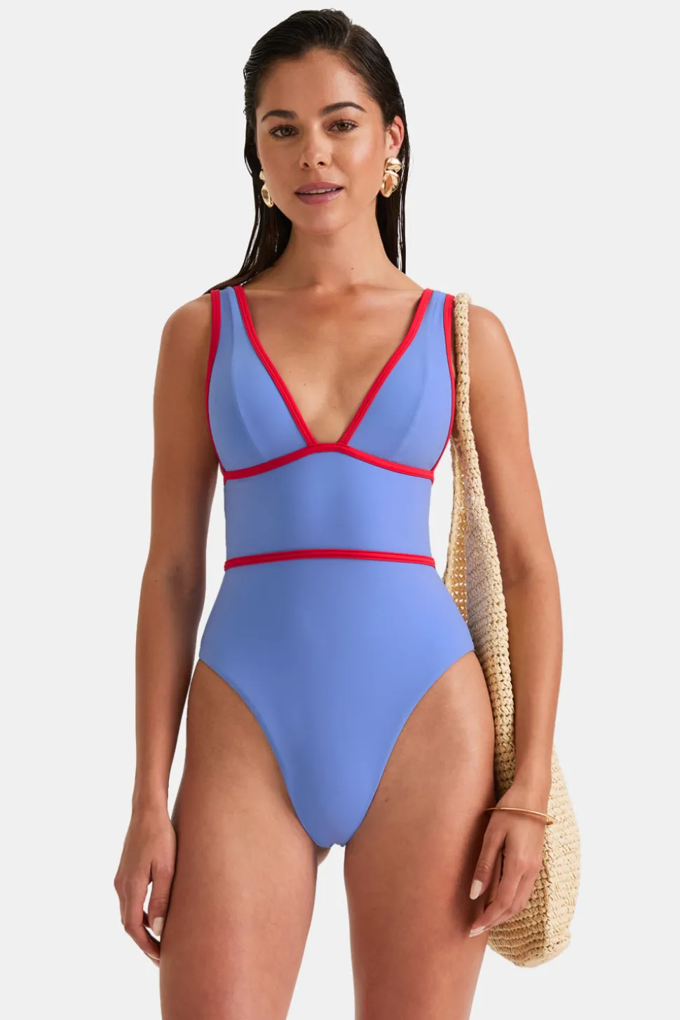 Contrast Plunge Swimsuit - Blue