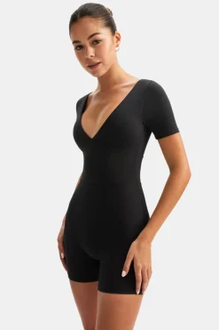 DayFlex Built-In Support Plunge Neck Tie Back Unitard - Shadow Black