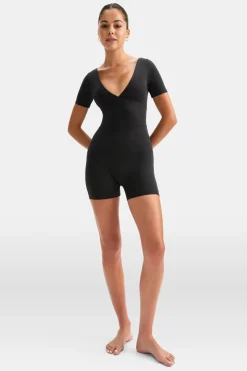 DayFlex Built-In Support Plunge Neck Tie Back Unitard - Shadow Black