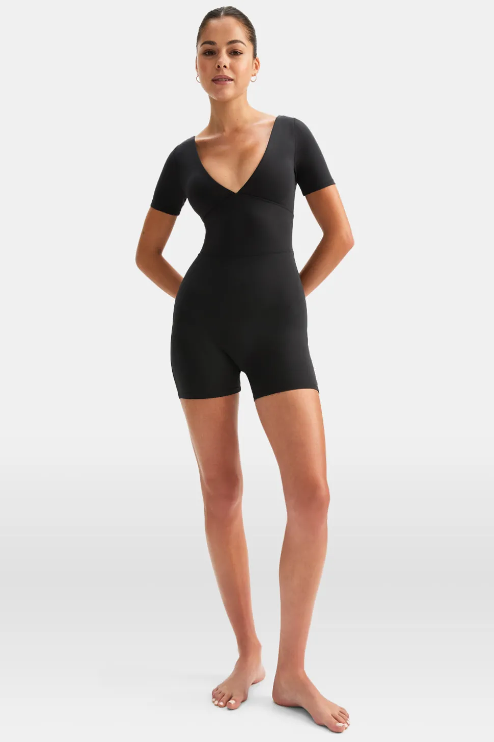 DayFlex Built-In Support Plunge Neck Tie Back Unitard - Shadow Black