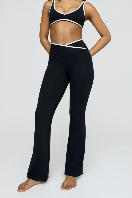 DayFlex Contrast Trim Wrap High Waisted Flared Yoga Pant - Shadow Black And Buttermilk