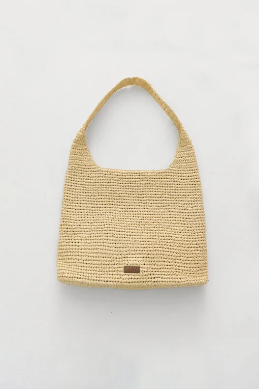Embossed Logo Raffia Shoulder Bag - Natural