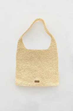 Embossed Logo Raffia Tote Bag - Natural