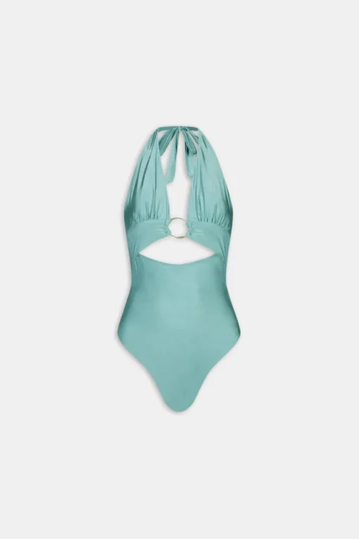 Halter Plunge Gold Ring Bikini Swimsuit - Teal