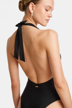 Halter Plunge Gold Ring Bikini Swimsuit - Black Onyx