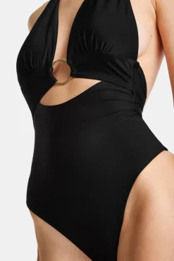 Halter Plunge Gold Ring Bikini Swimsuit - Black Onyx