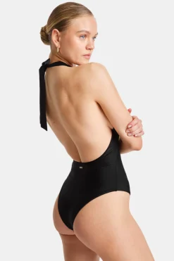 Halter Plunge Gold Ring Bikini Swimsuit - Black Onyx