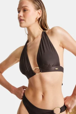 Halter Plunge Gold Ring Bikini Top - Espresso
