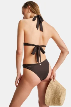 Halter Plunge Gold Ring Bikini Top - Espresso