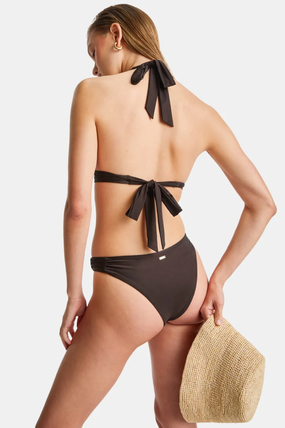 Halter Plunge Gold Ring Bikini Top - Espresso