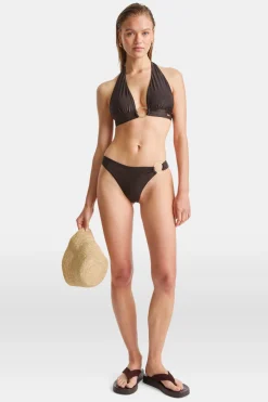 Halter Plunge Gold Ring Bikini Top - Espresso