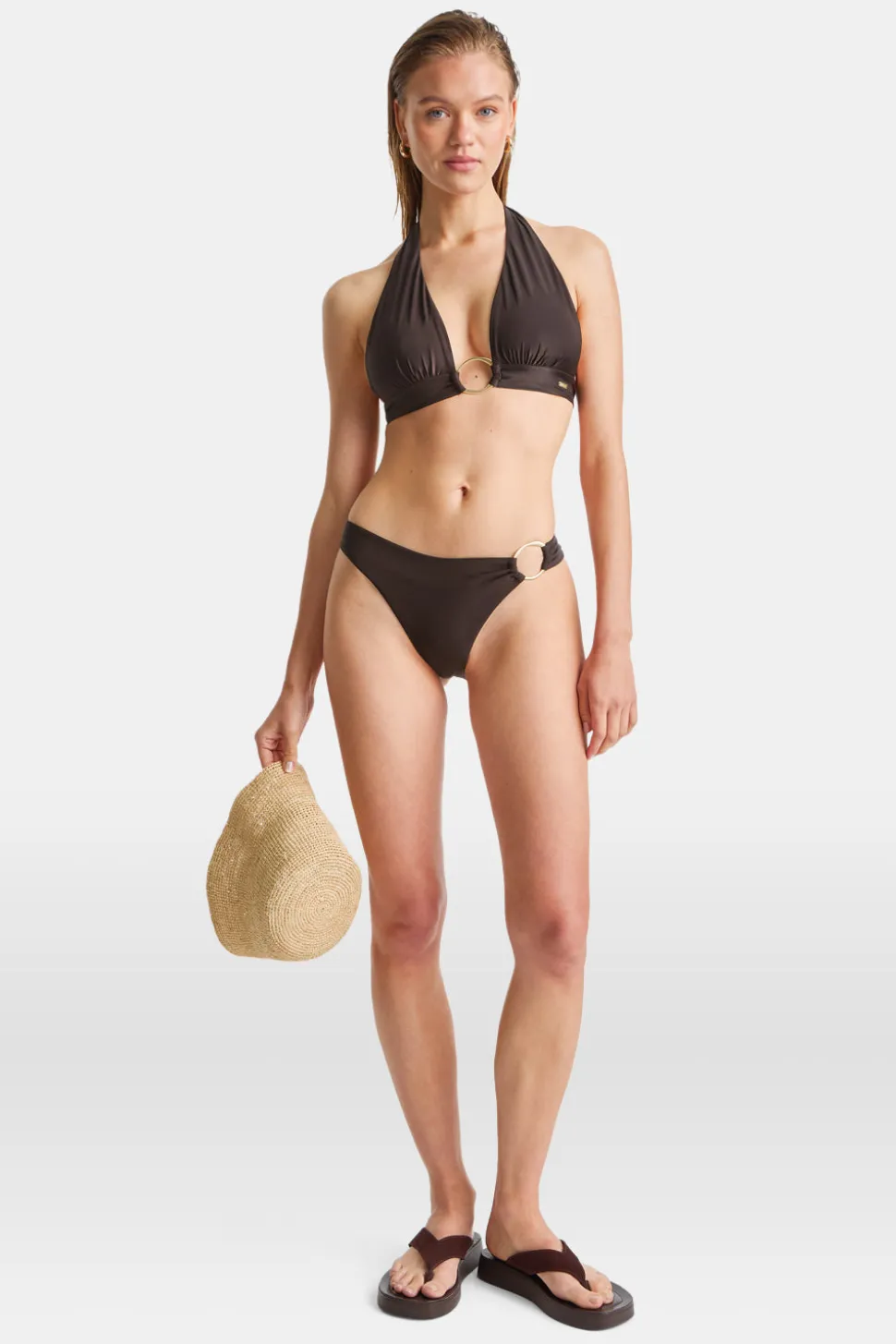 Halter Plunge Gold Ring Bikini Top - Espresso