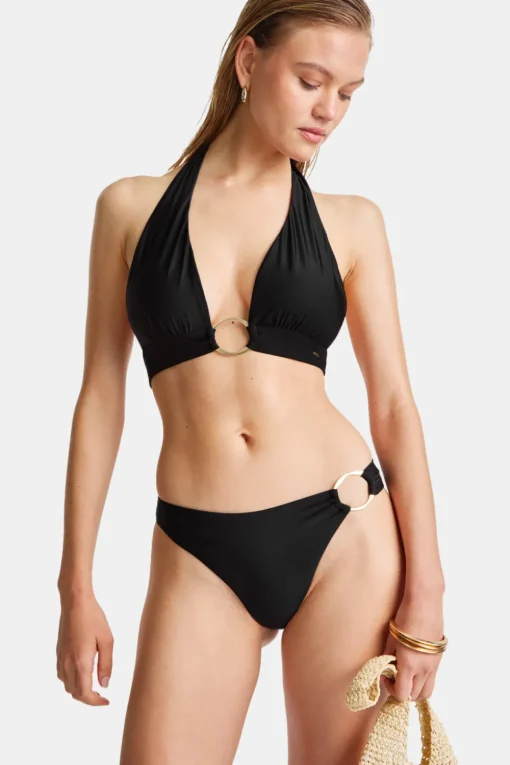 Halter Plunge Gold Ring Bikini Top - Black Onyx