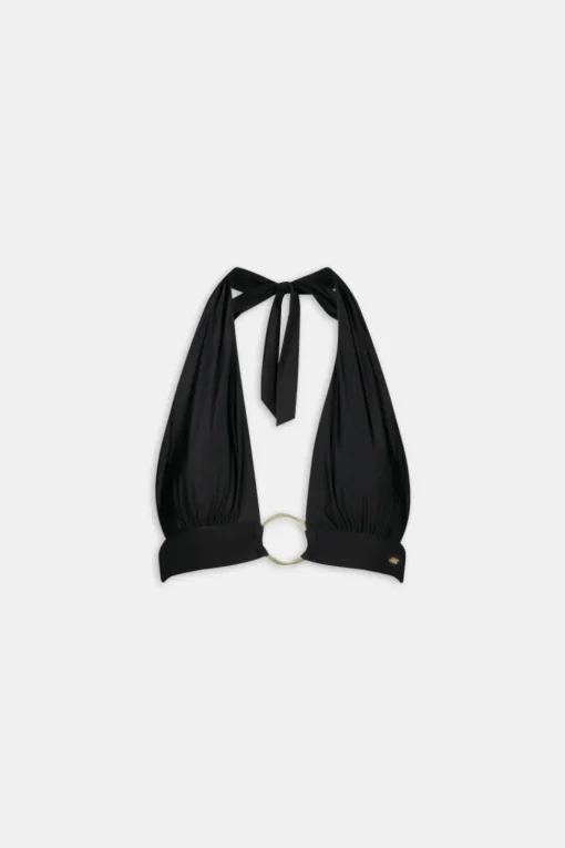 Halter Plunge Gold Ring Bikini Top - Black Onyx