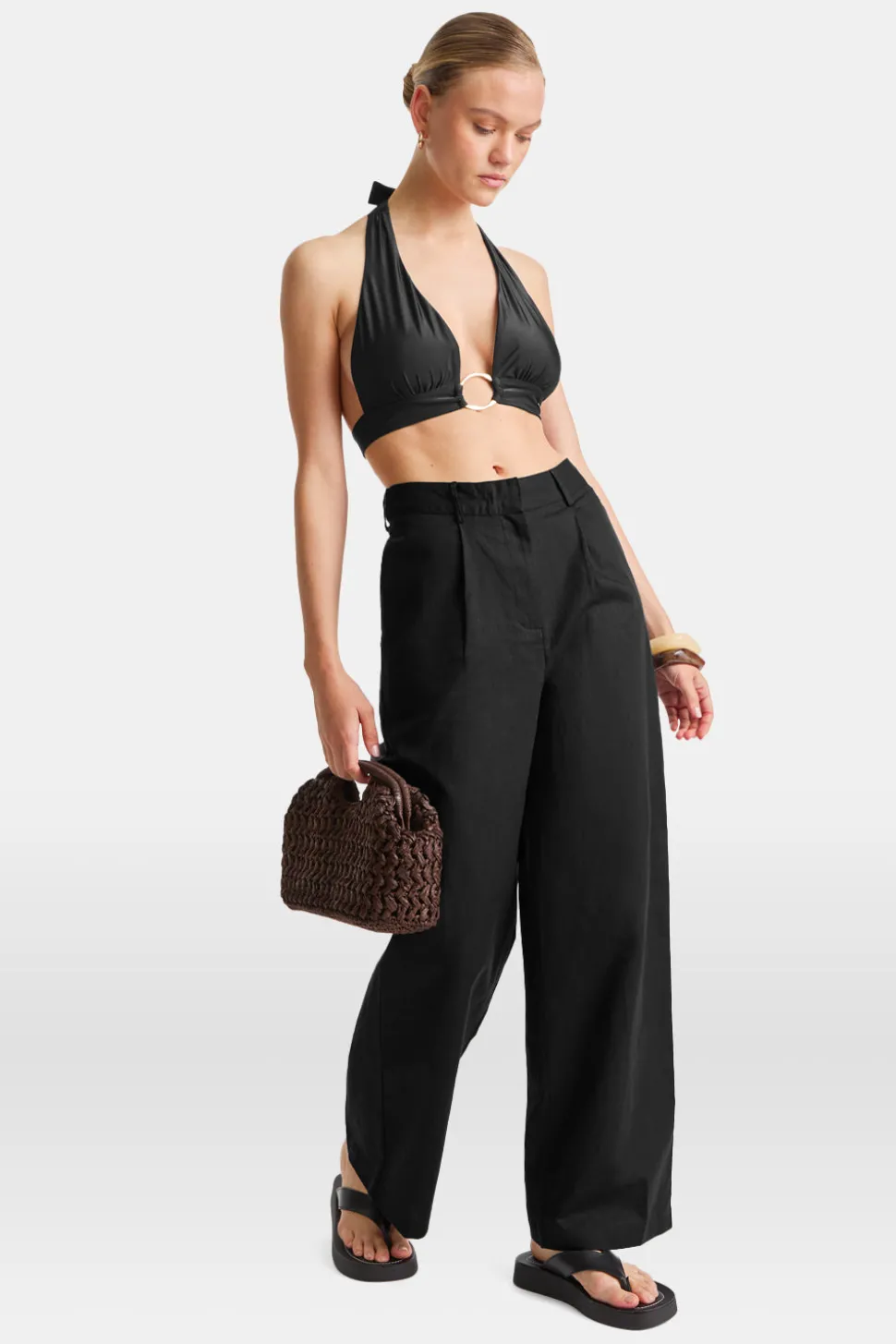 Heavyweight Linen Tailored Wide Leg Trousers - Black Onyx