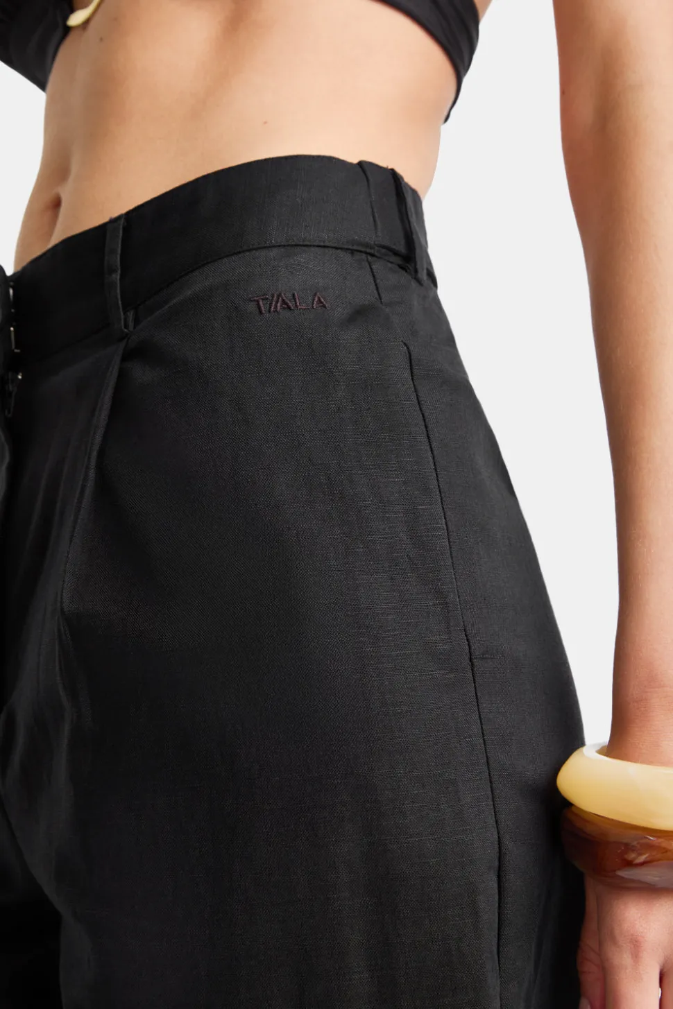 Heavyweight Linen Tailored Wide Leg Trousers - Black Onyx