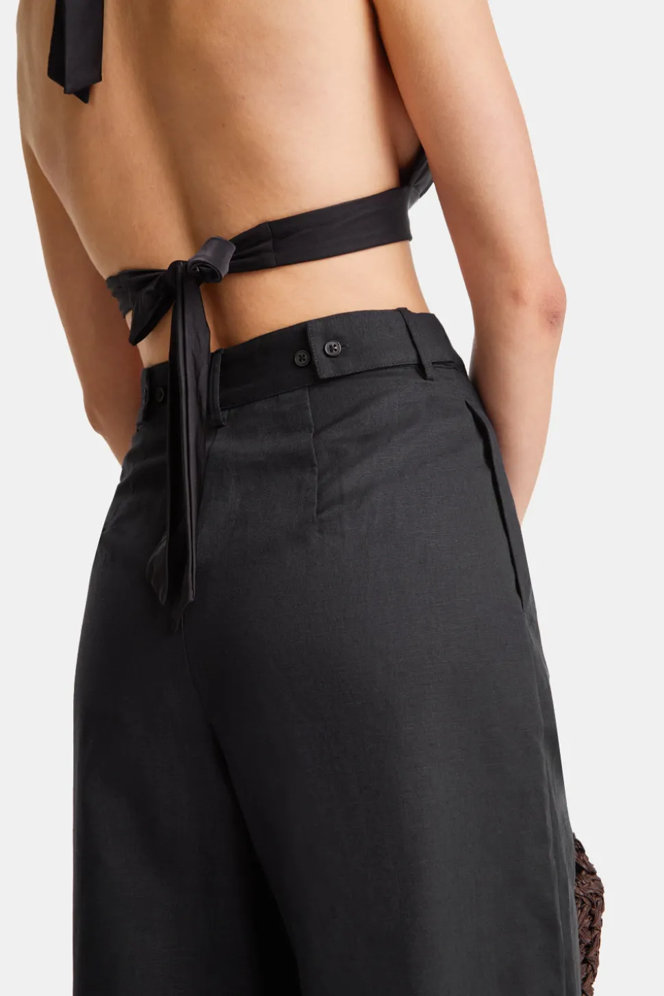 Heavyweight Linen Tailored Wide Leg Trousers - Black Onyx