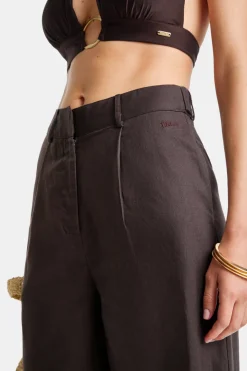 Heavyweight Linen Tailored Wide Leg Trousers - Espresso