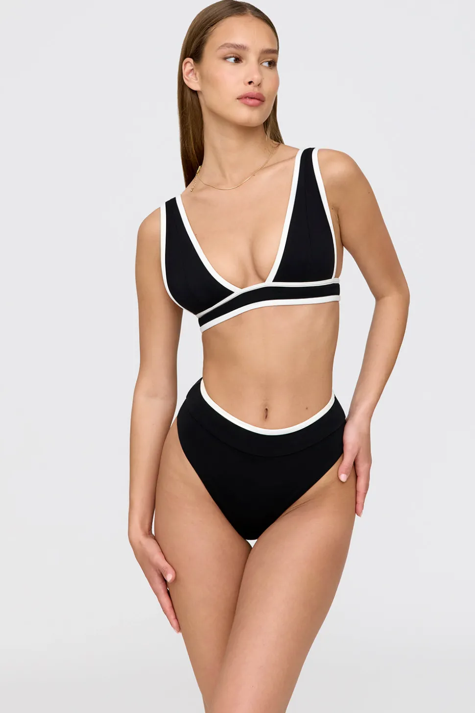 Kos Contrast Trim High Waisted Cheeky Bikini Brief - Shadow Black And Coconut Milk