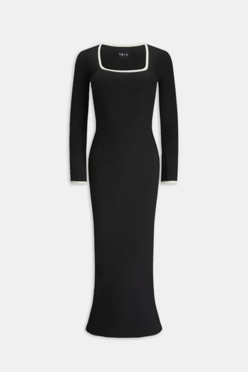 Long Sleeve Contrast Ribbed Knit Maxi Dress - Black And Buttermilk