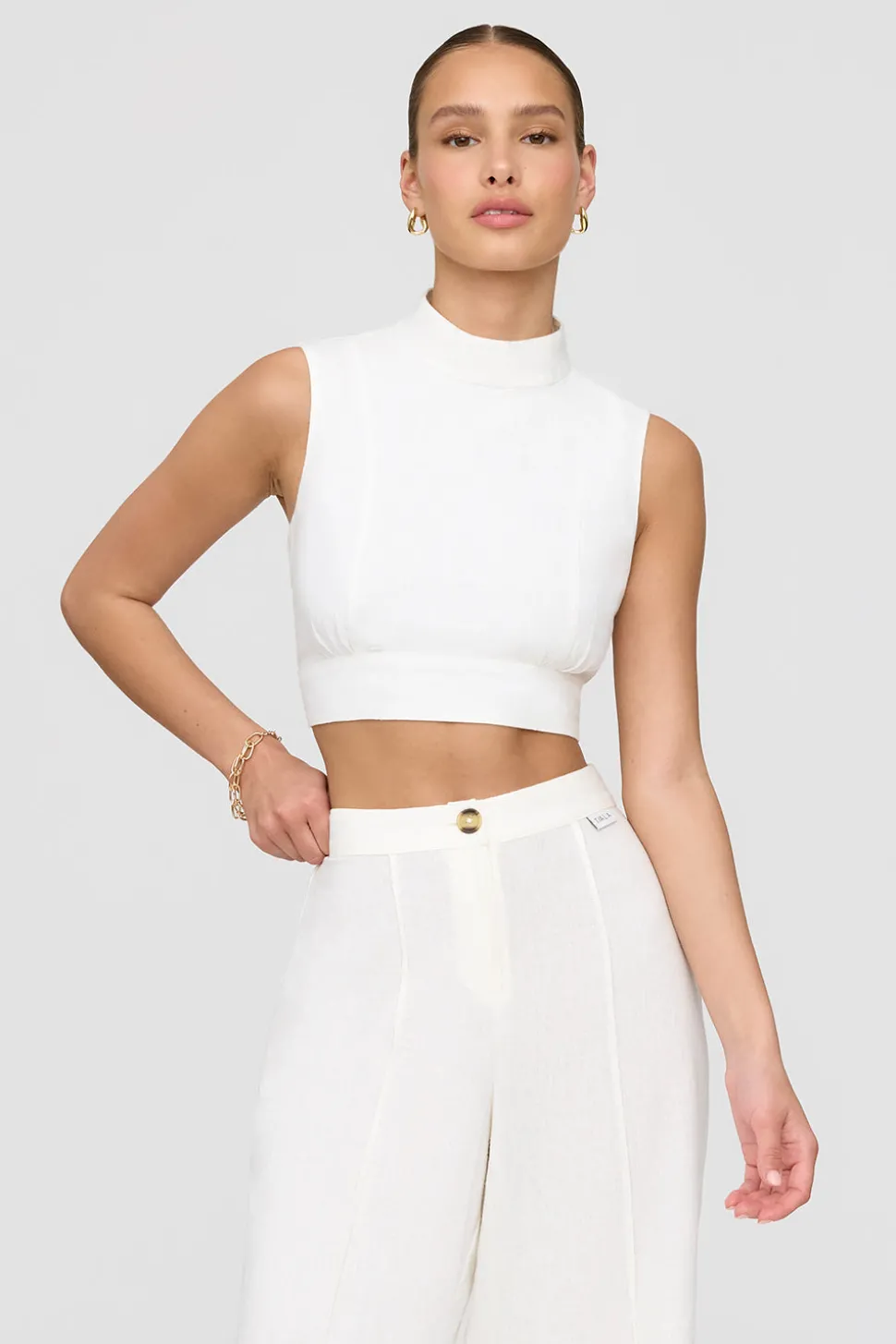 Monaco Linen Blend Mock Neck Tie Back Crop Top - Coconut Milk