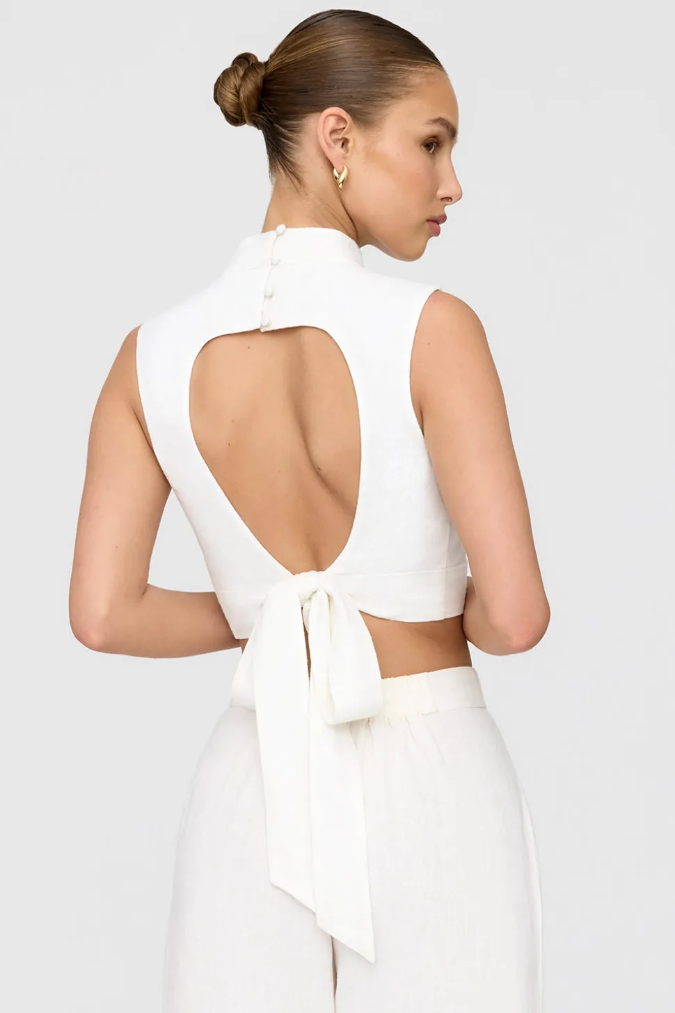 Monaco Linen Blend Mock Neck Tie Back Crop Top - Coconut Milk