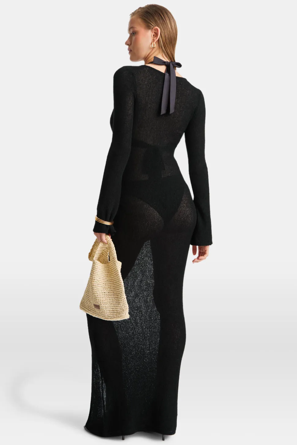 Multiway Gold Ring Long Sleeve Resort Knit Dress - Black Onyx