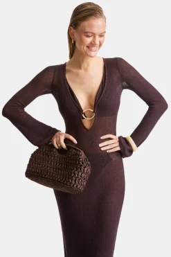 Multiway Gold Ring Long Sleeve Resort Knit Dress - Espresso