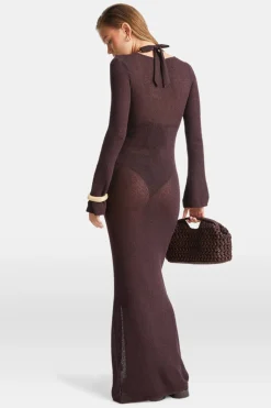 Multiway Gold Ring Long Sleeve Resort Knit Dress - Espresso