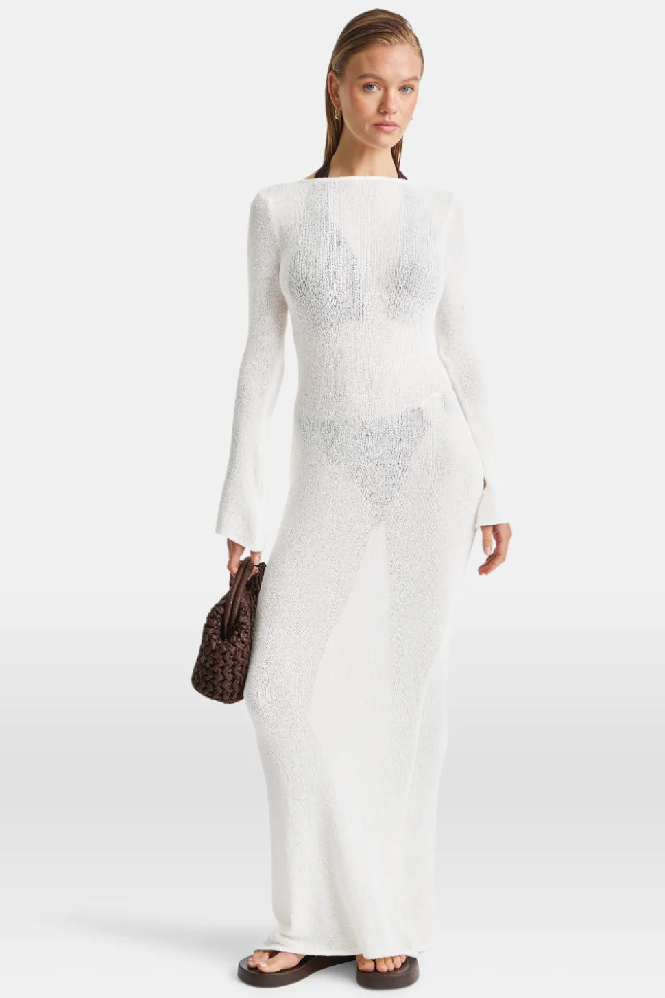 Multiway Gold Ring Long Sleeve Resort Knit Dress - Coconut Milk