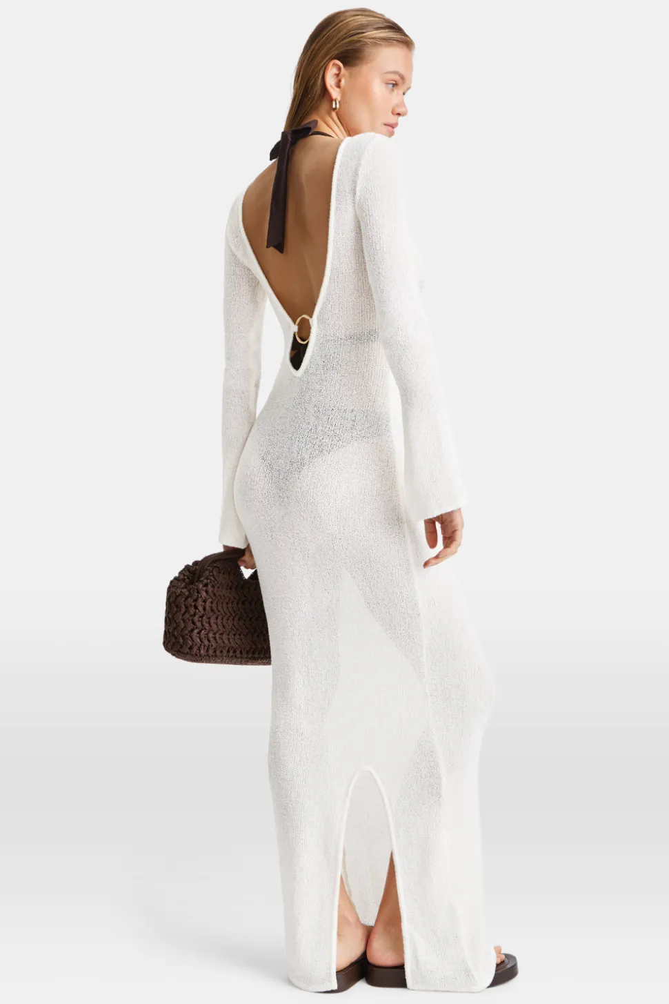 Multiway Gold Ring Long Sleeve Resort Knit Dress - Coconut Milk