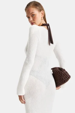 Multiway Gold Ring Long Sleeve Resort Knit Dress - Coconut Milk