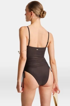 Ruched Adjustable Tie Side Shaping Swimsuit - Espresso